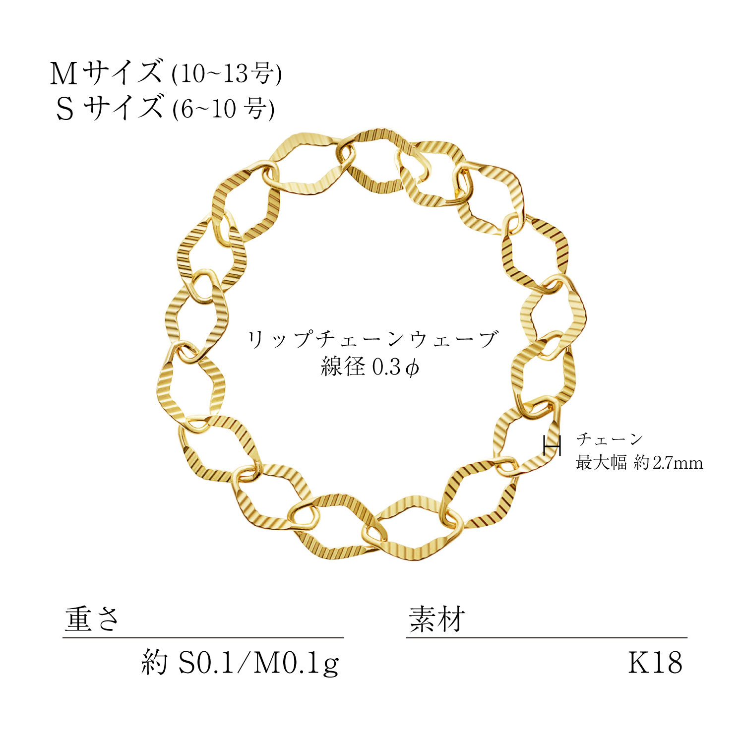 K18リップチェーンウェーブ リングの素材・サイズ・仕様