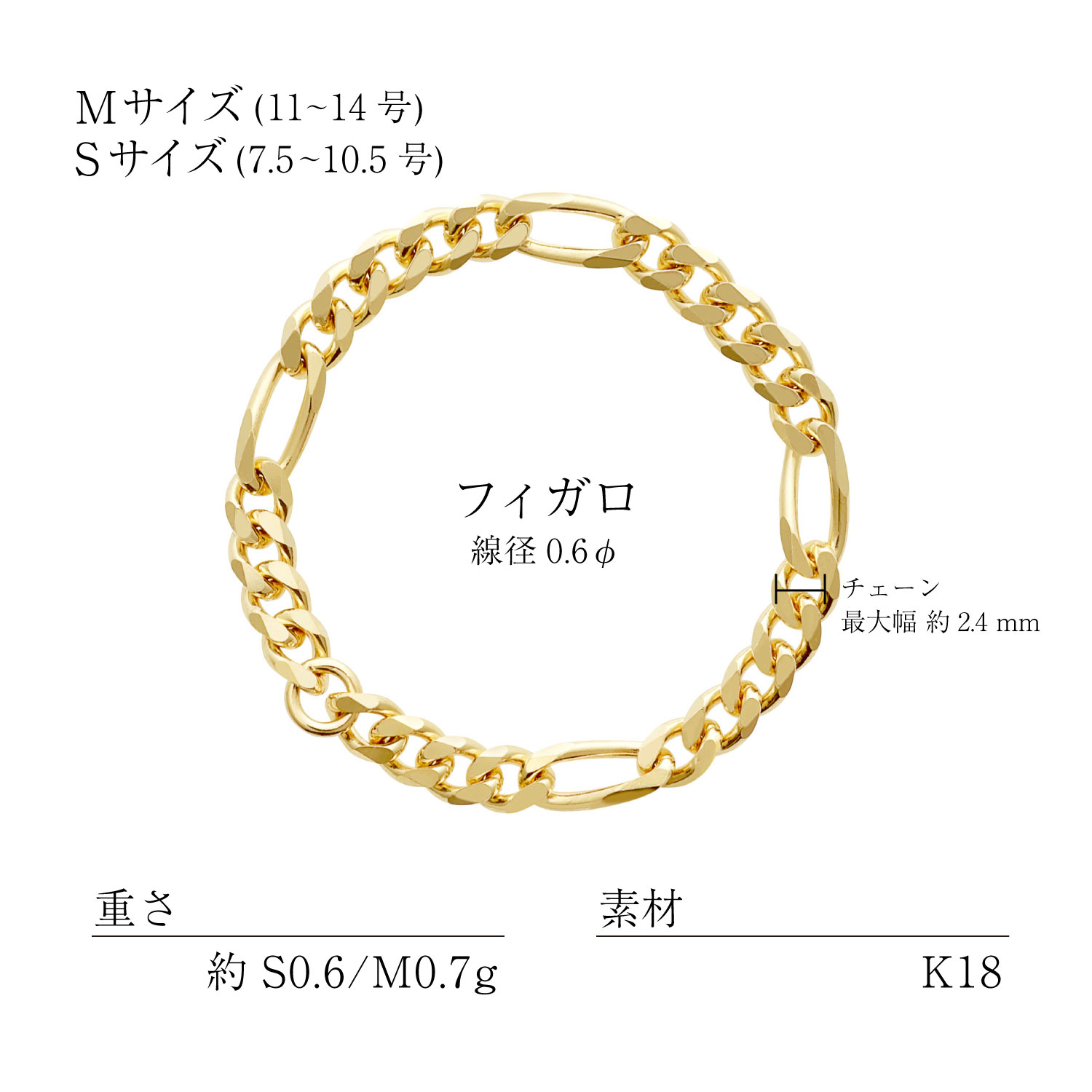 K18フィガロチェーン リングの素材・サイズ・仕様